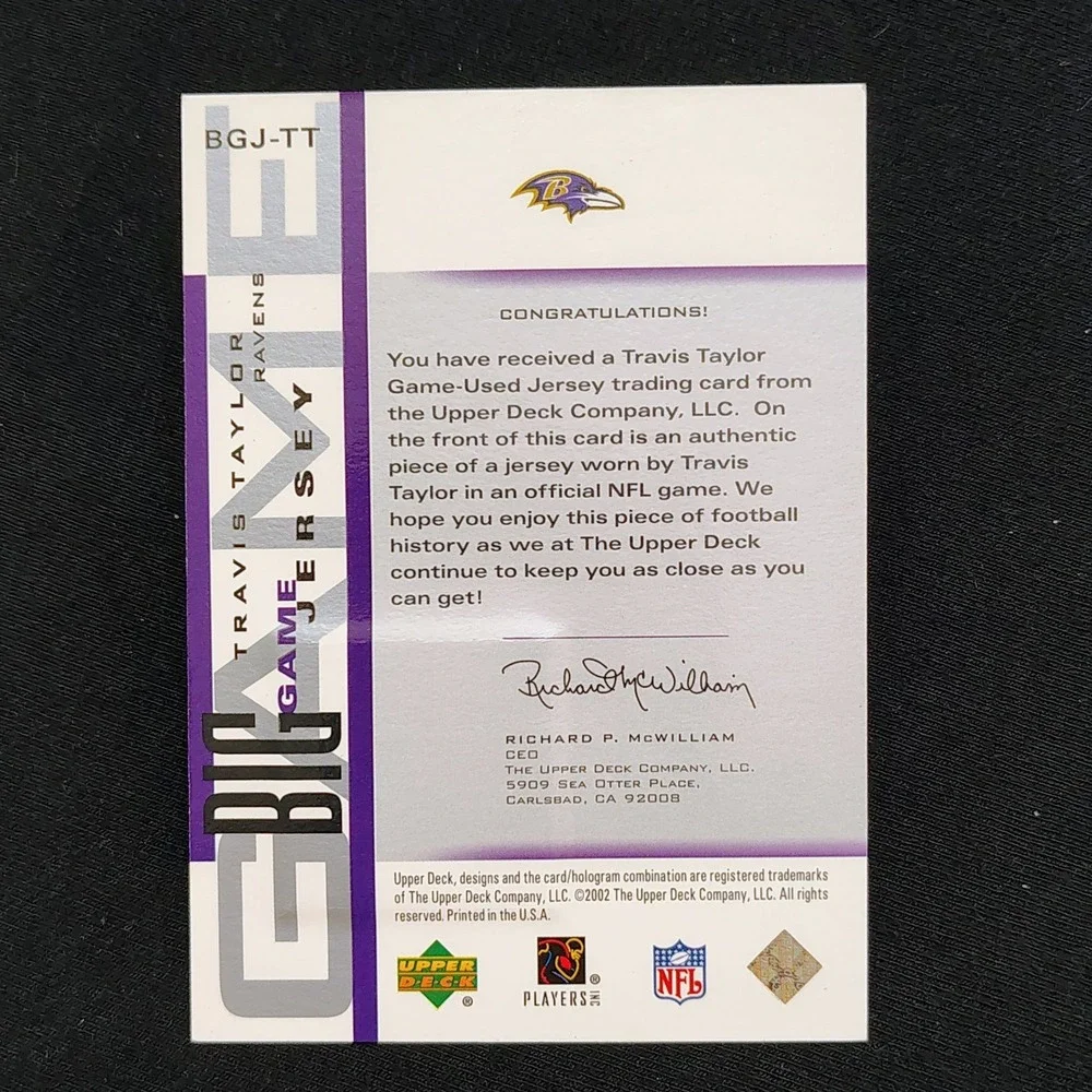 2002 Upper Deck Piece Of History Travis Taylor Big Game‎ Jersey Relic #BGJ-TT